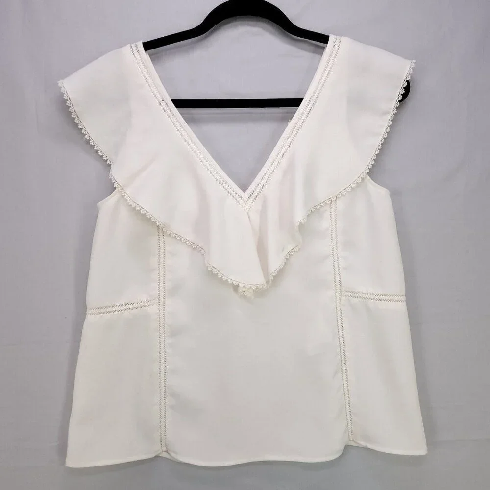 Sezane Blouse Ivory Ruffle V-Neck Sleeveless Tank Top Womens Size 36 - Picture 2 of 13